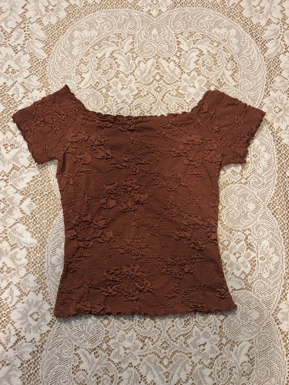 Haystacks Floral Off-Shoulder Scrunch Top, Warm Brown, Size S - Picture 4 of 6